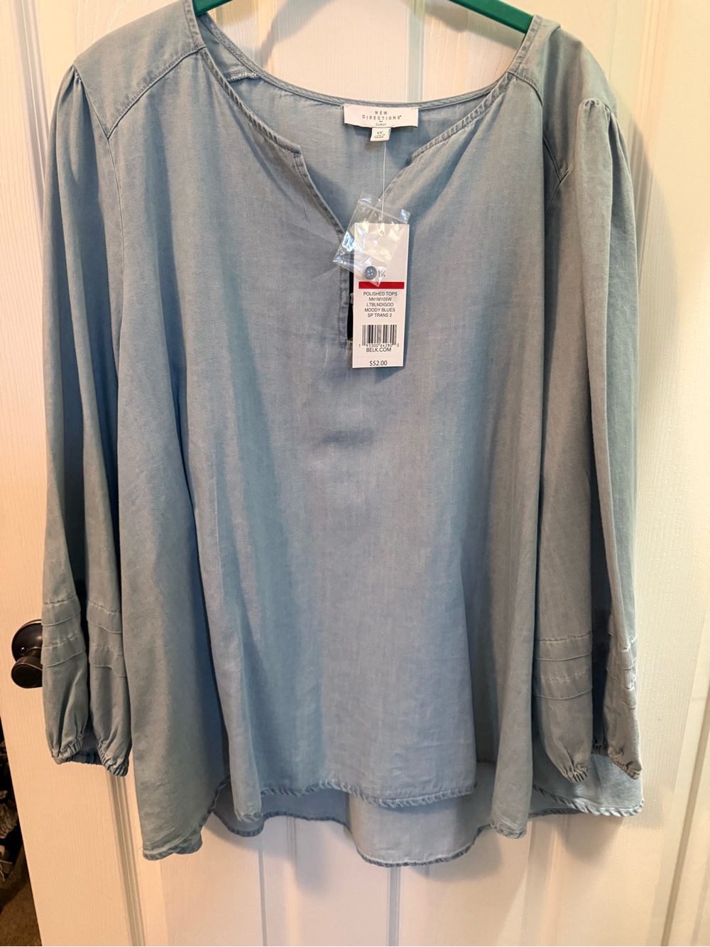 New Directions Light Blue Chambray Peasant Blouse